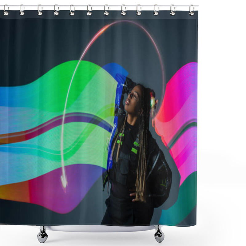 Personality  Long Espouse Of African American Woman In Smart Glasses Posing Near Abstraction On Grey Background  Shower Curtains