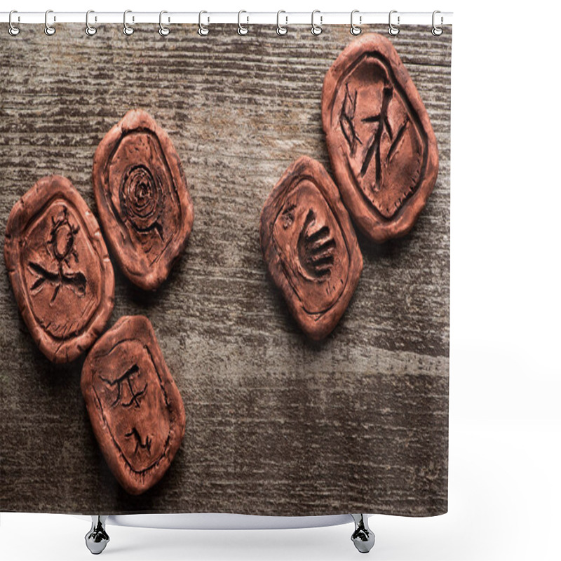 Personality  Top View Of Shamanic Clay Amulets With Signs On Wooden Surface Shower Curtains