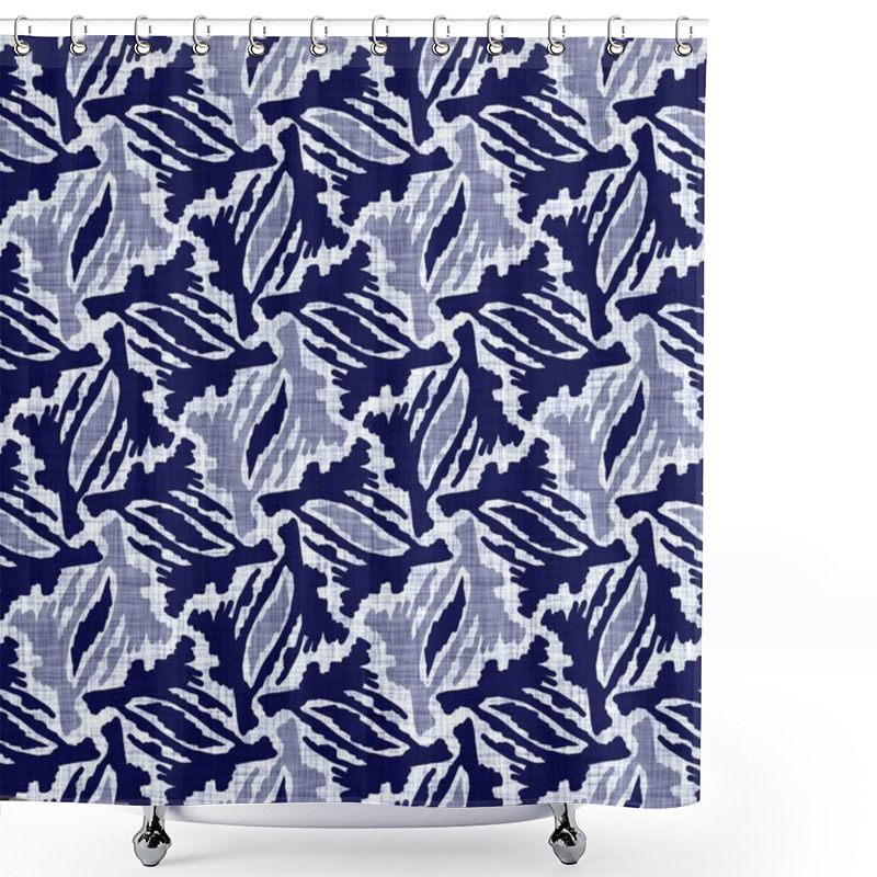 Personality  Seamless Indigo Block Print Texture. Navy Blue Woven Cotton Dyed Effect Background. Japanese Repeat Batik Resist Motif Pattern. Asian Fusion All Over Textile Blur Cloth Print. Shower Curtains