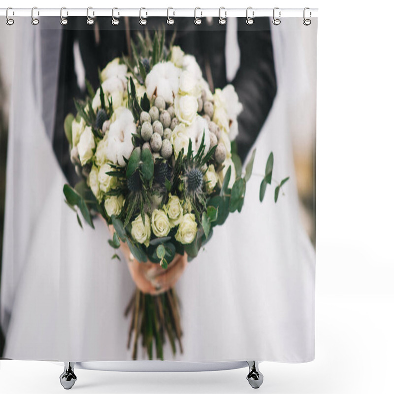 Personality  Wedding Bouquet In The Hands Of The Bride. Khimki Bouquet With White Roses, Cotton, Thorns And Greenery Shower Curtains