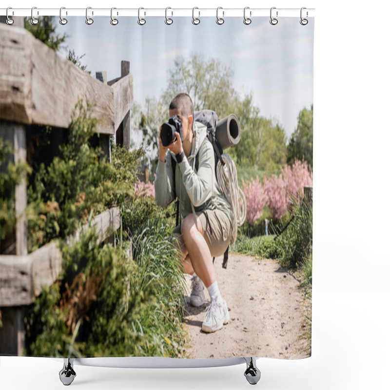 Personality  Young Short Haired Female Tourist With Backpack And Travel Equipment Taking Photo On Digital Camera Near Wooden Fence And Grass With Nature At Background, Travel Photographer  Shower Curtains