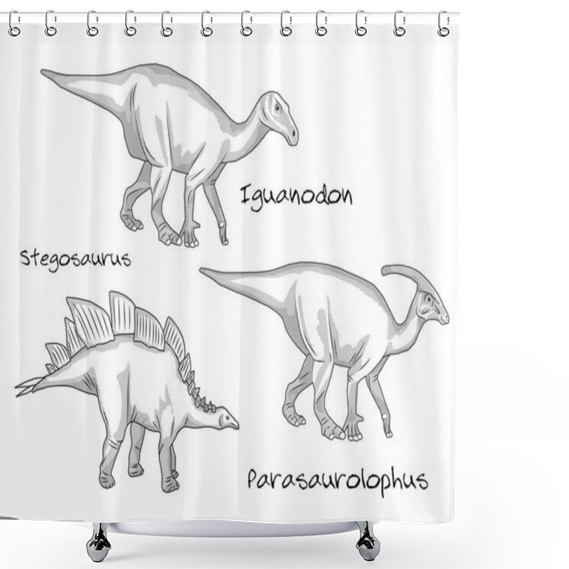 Personality  Thin Line Engraving Style Illustrations, Various Kinds Of Prehistoric Dinosaurs, It Includes Stegosaurus, Parasaurolophus, Iguanodon Shower Curtains