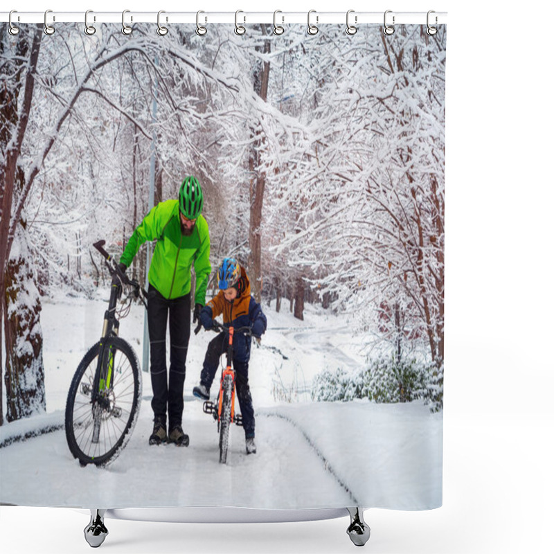 Personality  Father And Son With Bicycles In A Winter Park Shower Curtains