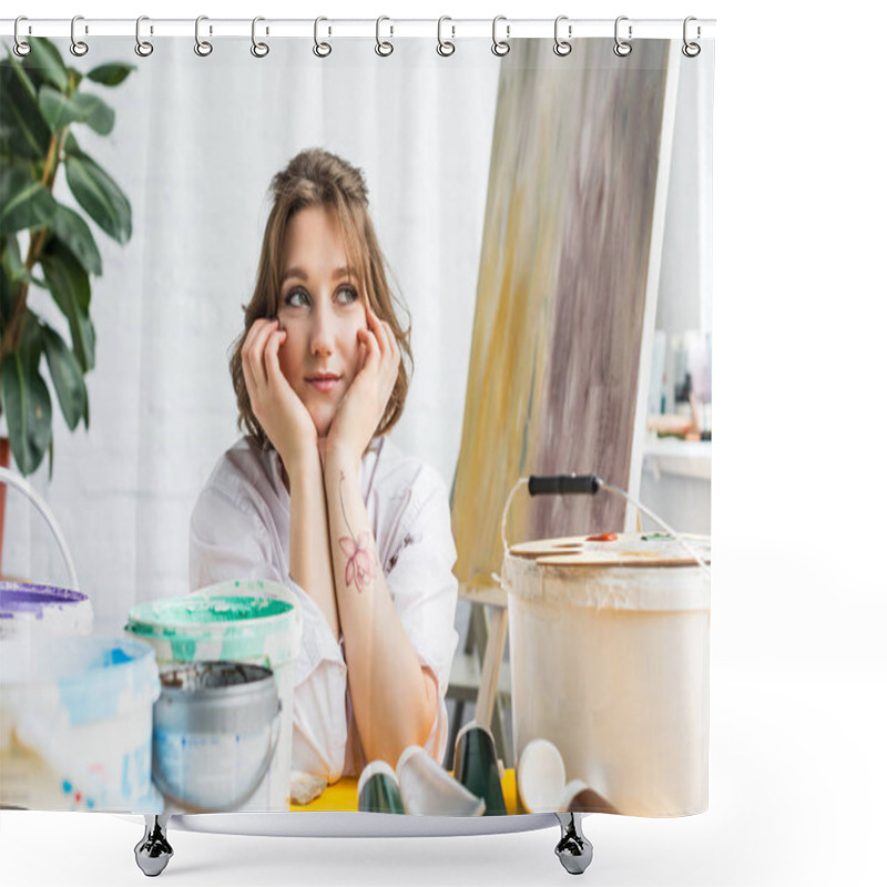 Personality  Young Creative Girl Dreaming In Light Studio Shower Curtains