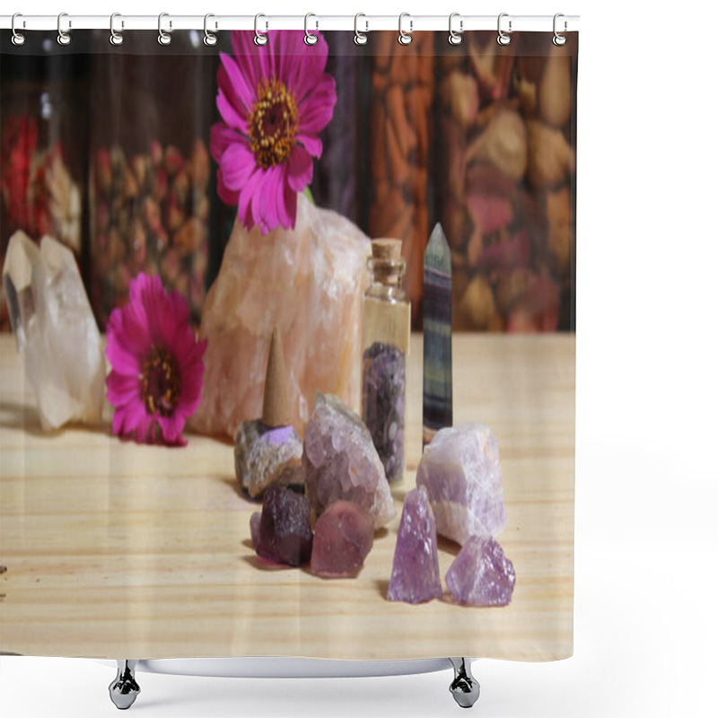 Personality  Amethyst Crystals With Flowers And Incense Cones On Meditation Altar Shower Curtains