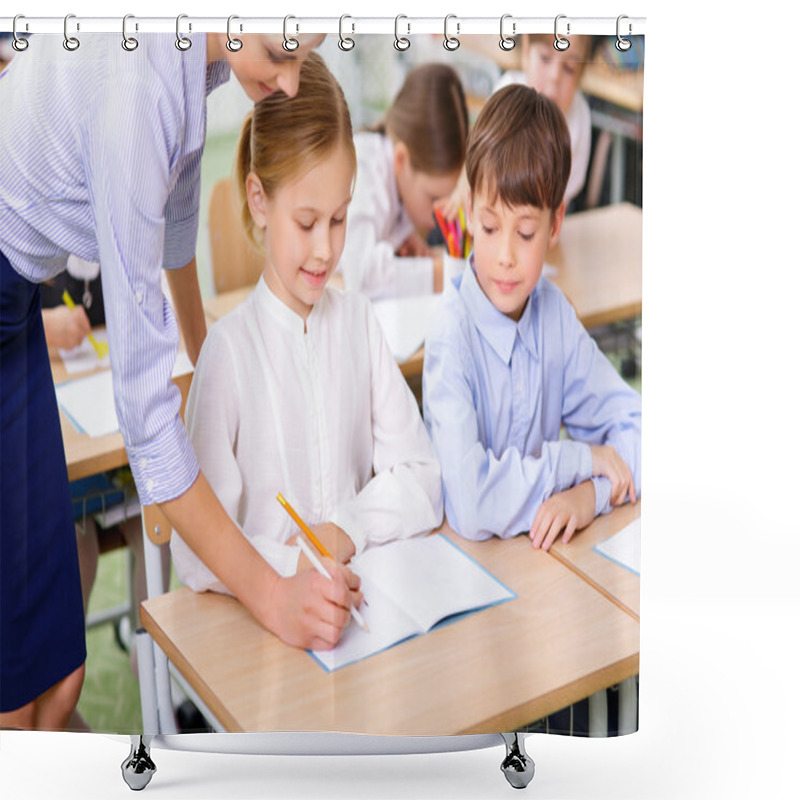 Personality  Teacher And Her Pupil Are Writing Together. Shower Curtains