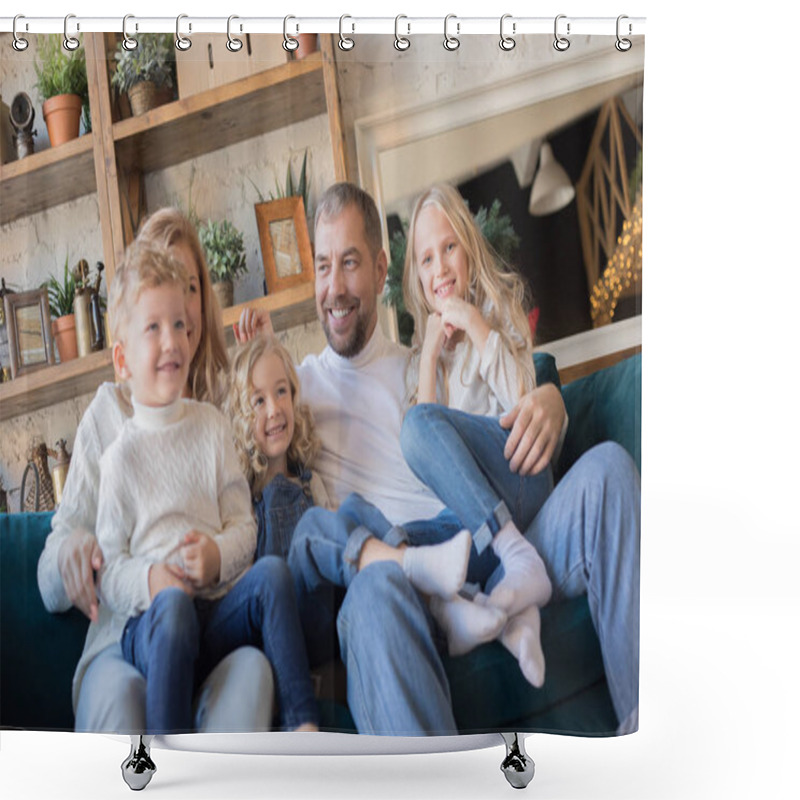 Personality  Happy Family Is Sitting On The Sofa And Having Fun. Shower Curtains