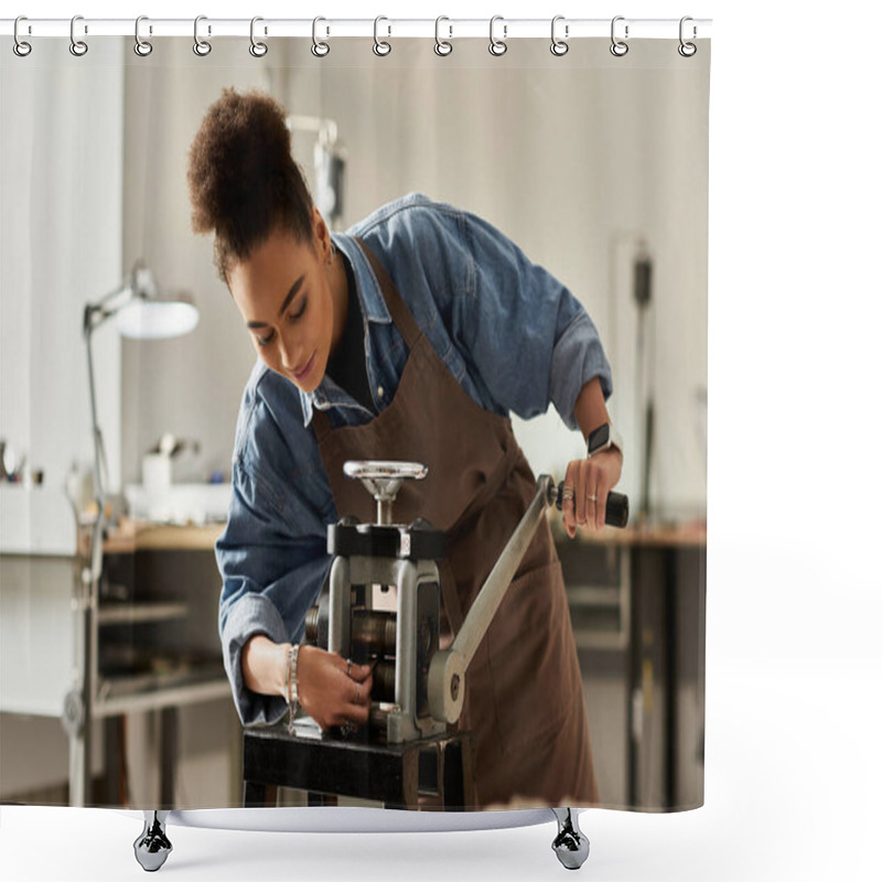 Personality  The Skilled Artisan Shapes Jewelry With Specialized Tools In Her Creative Space. Shower Curtains