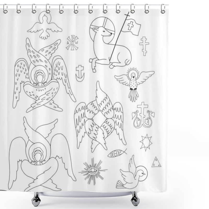 Personality  Religious Symbols Set. Seraphim, Cherub Six-winged Angel, Dove - Holy Spirit, Lamb, Sheep - Symbol Of Jesus Christ Savior, Cross And Monogram.. Vector Illustration. Outline Handmade Linear Drawing Shower Curtains