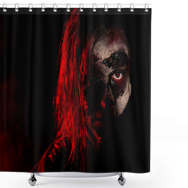 Personality  Scary Zombie On Dark Background, Closeup. Halloween Monster Shower Curtains