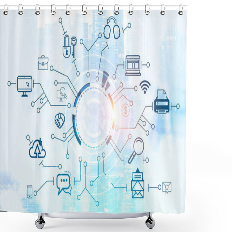 Personality  Blue Business Planning Icons Connected To Hud Over Foggy City Background. Modern Technology Concept. 3d Rendering Toned Image Double Exposure Shower Curtains