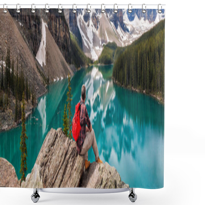 Personality  Panoramic Web Banner Hiking Man Sitting Down With Rucksack Backpack Standing On Tree Log By Moraine Lake Looking At Snow Covered Rocky Mountain Peaks, Banff National Park, Alberta Canada Shower Curtains