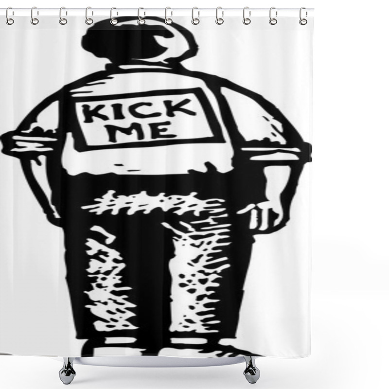 Personality  Woodcut Illustration Of Man With Kick Me Sign On His Back Shower Curtains