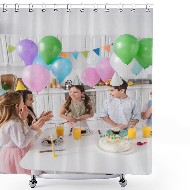 Personality  Happy Children Clapping Hands And Singing Happy Birthday Song Next To Cake With Candles And Balloons  Shower Curtains