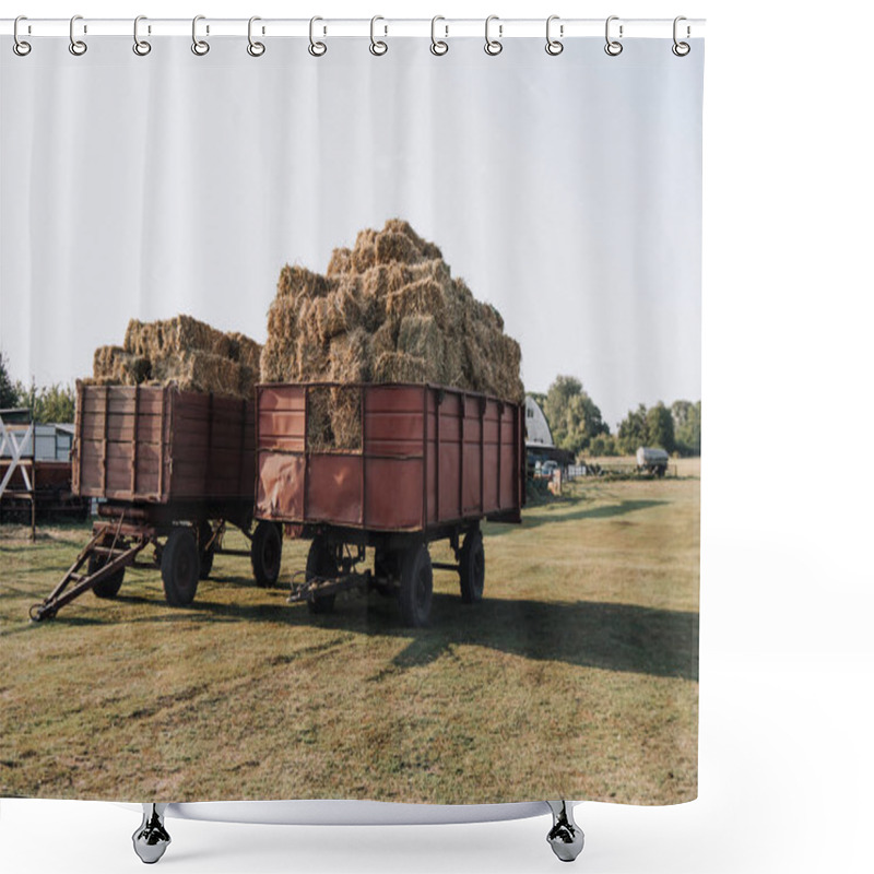 Personality  Rural Scene With Two Hindcarriage Full Of Stacked Hay At Farm In Countryside Shower Curtains