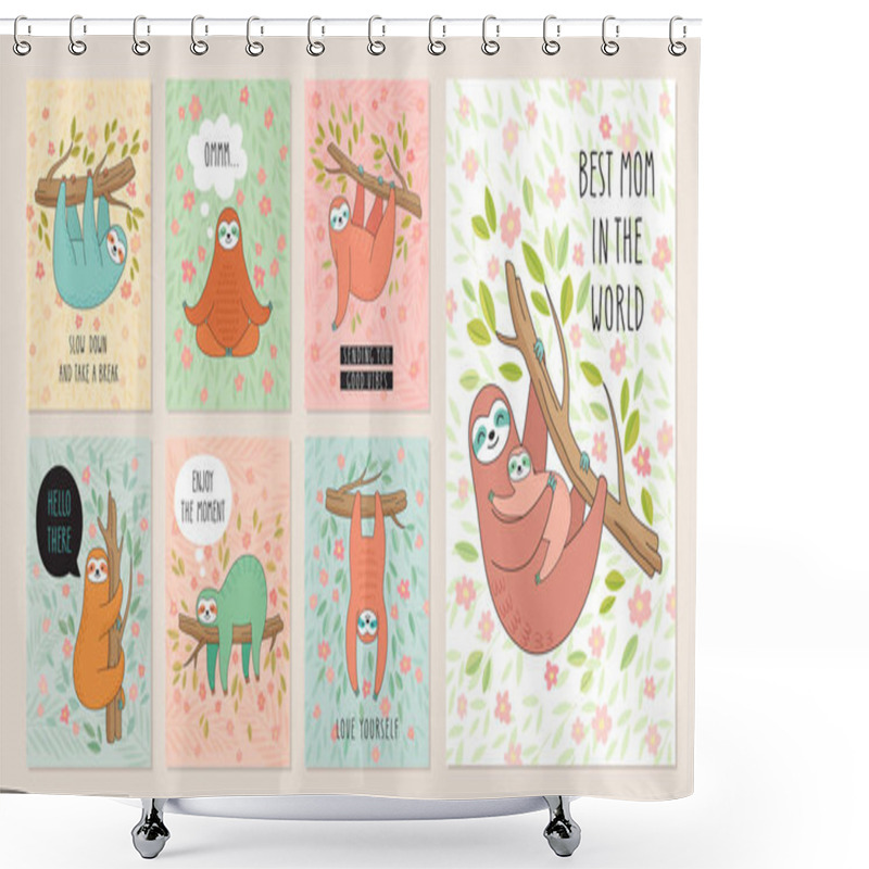 Personality  Set Of Cards With Cute Hand Drawn Sloths Hanging On The Tree. Lazy Animal Characters. Jungle Animal Flyers Collection. Shower Curtains