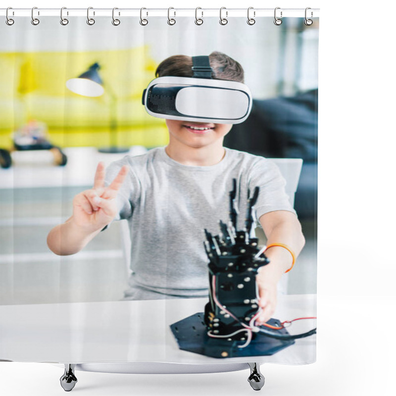 Personality  Cheerful Little Smart Boy Using His VR Glasses While Experimenting With Humanoid Robotic Hand At Home Shower Curtains