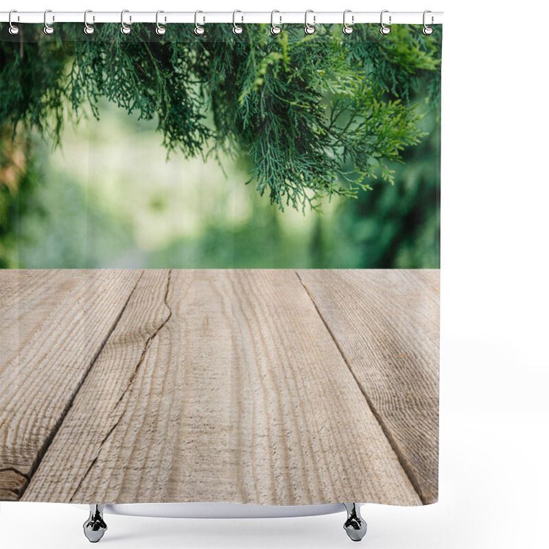 Personality  Surface Of Beige Wooden Planks With Cropped Pine Tree Leaves On Background Shower Curtains