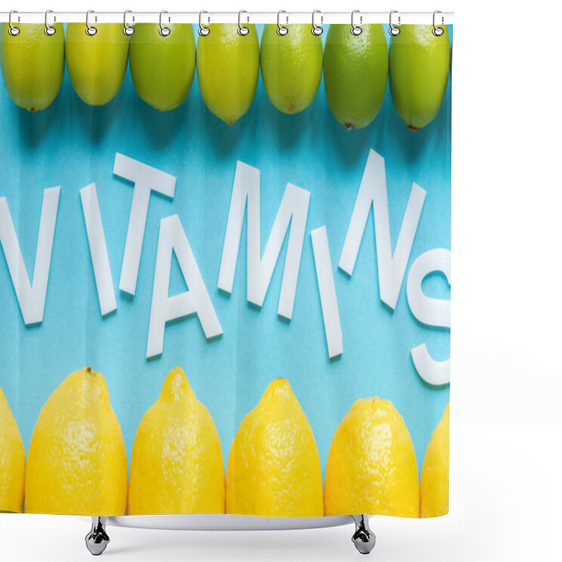 Personality  Top View Of Ripe Yellow Lemons And Limes On Blue Background With Word Vitamins Shower Curtains