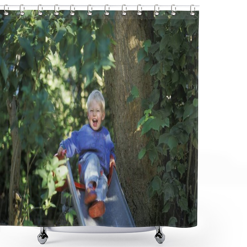 Personality  Two-year-old Boy Climbing On Slide MR Shower Curtains