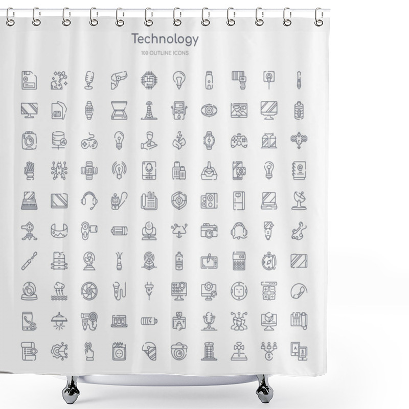 Personality  100 Technology Outline Icons Set Such As A/b Testing, Cross Stuck In Ground, Phone Box, Surveillance Camera, Face Shield, Electric Socket On Fire, Touchscreen, Technology Shower Curtains