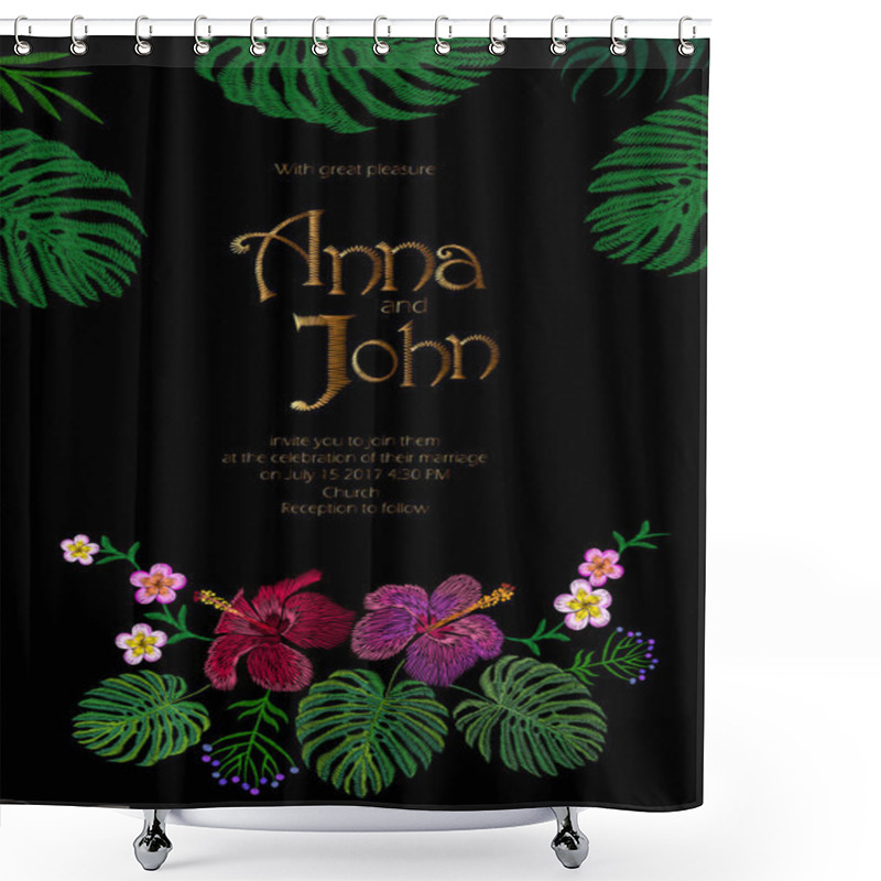 Personality  Wedding Invitation Design With Jungle Hawaii Flowers. Save The Date Card With Tropical Exotic Palm Monstera Leaves. Hibiscus, Plumeria, Frangipani Golden Embroidery Vector Illustration Shower Curtains