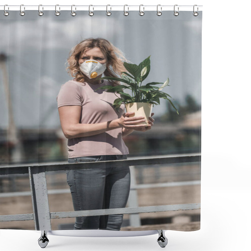 Personality  Woman In Protective Mask Holding Green Potted Plant On Bridge And Looking Away, Air Pollution Concept Shower Curtains