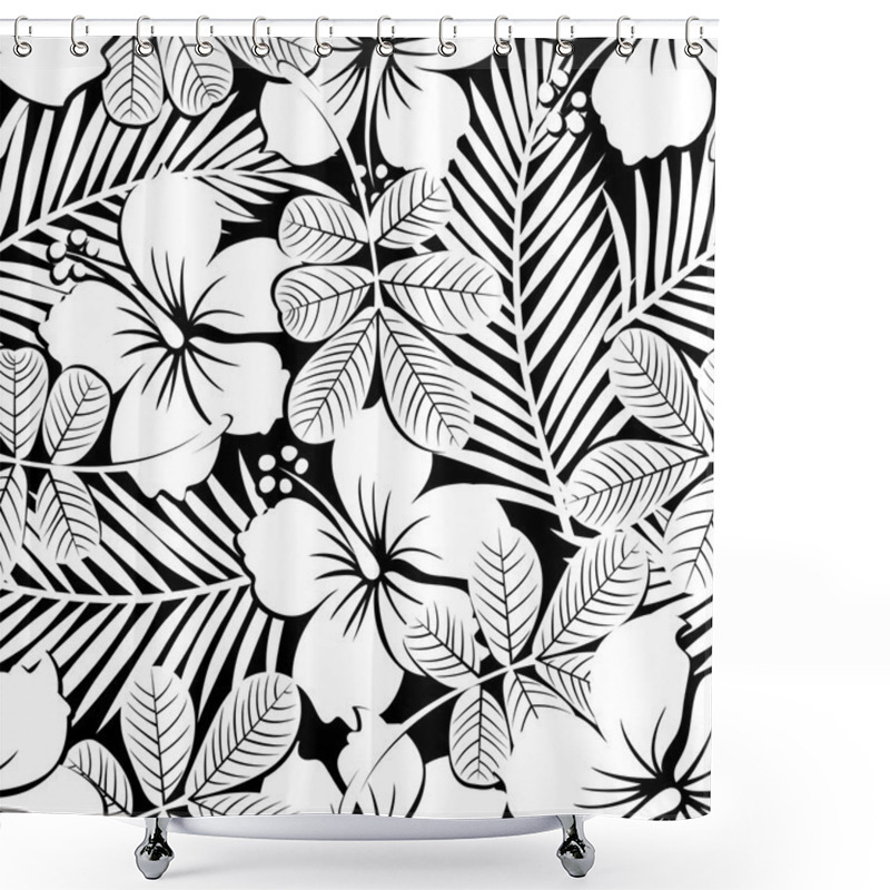 Personality  Black And White Tropical Hibiscus Flowers And Plants Seamless Pa Shower Curtains