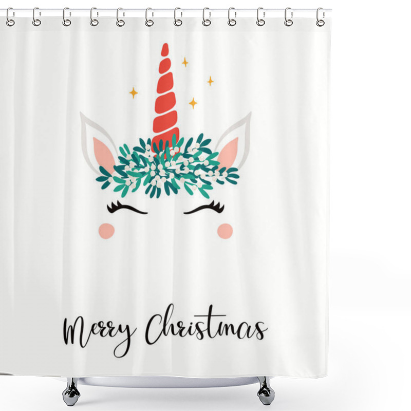 Personality  Hand Drawn Card With Cute Unicorn Face In Mistletoe Crown, Stars, Text Merry Christmas Isolated On White Background, Concept For Holiday Print Shower Curtains