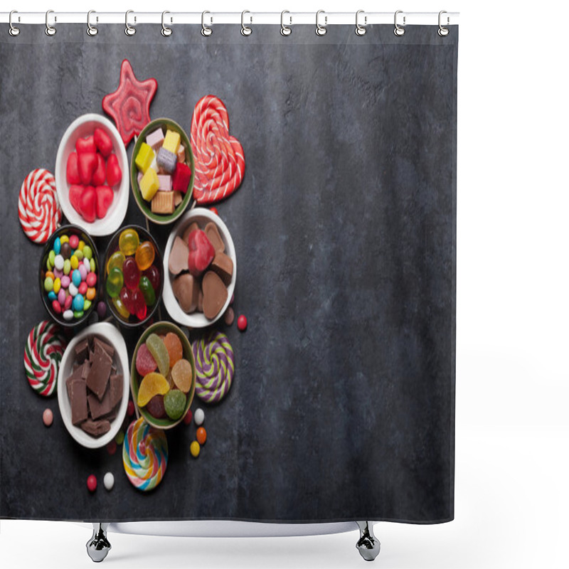 Personality  Colorful Sweets. Lollipops, Macaroons, Marshmallow, Marmalade And Candies. Top View With Space For Your Greetings Shower Curtains