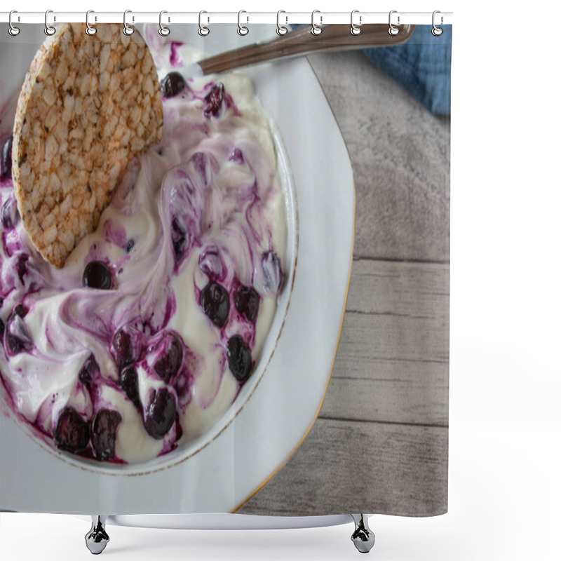 Personality  Delicious Islandic Skyr With Sour Cherries And Honey Served With A Gluten Free Brown Rice Cracker On A Plate. Isolated And Closeup View Shower Curtains