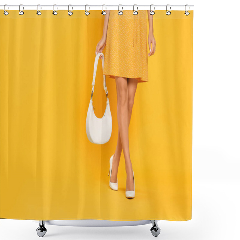 Personality  Woman With Stylish Bag On Yellow Background, Closeup. Space For Text Shower Curtains