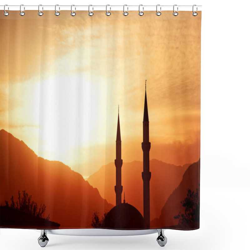 Personality  Mosque Silhouette At Sunset, With Mountains On Background, Turkey, Kemer Shower Curtains