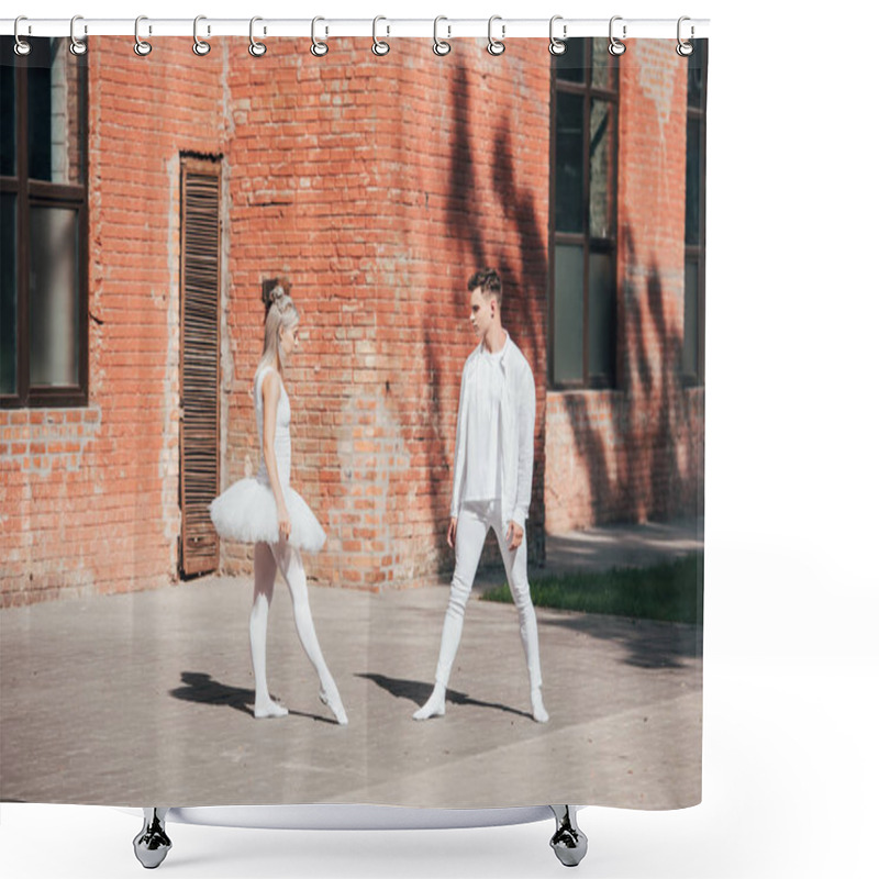 Personality  Young Ballet Dancers In White Clothes Dancing On Urban Street   Shower Curtains