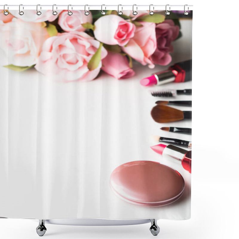 Personality  Make Up Products And Tools With Pink Roses Flowers On White Shower Curtains