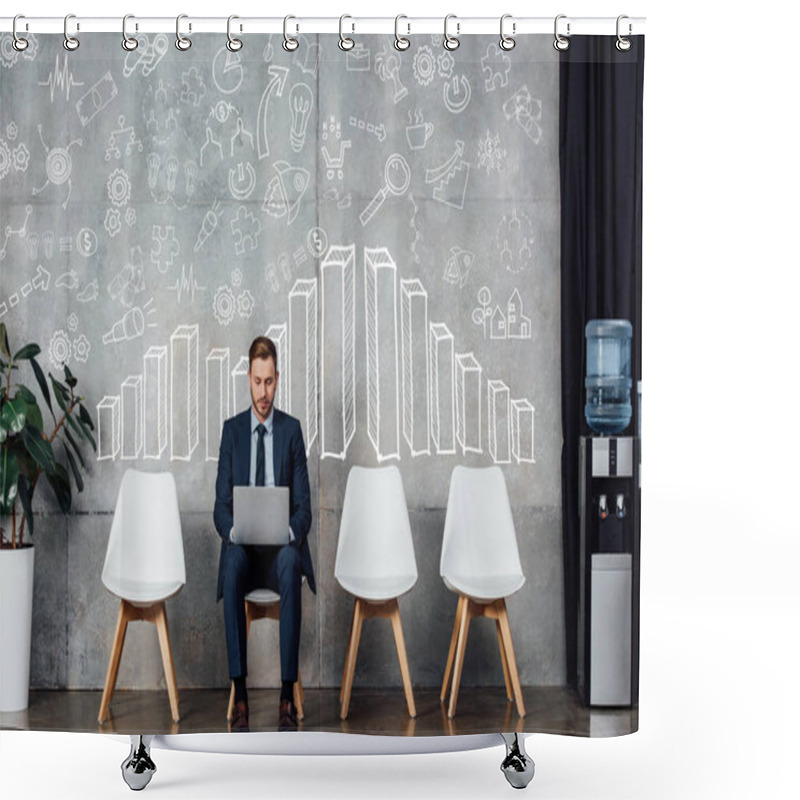 Personality  Smiling Businessman Sitting On Chair And Using Laptop In Waiting Hall With Social Media Icons And Charts And Graphs On Wall Shower Curtains