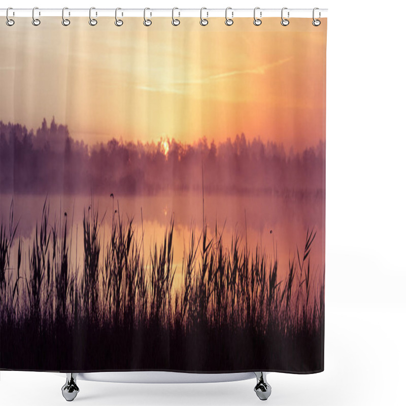 Personality  A Beautiful, Pink Sunrise Ower The Swamp. Sun Rising In Wetlands, Purple Misty Atmosphere. Latvia, Northertn Europe Shower Curtains