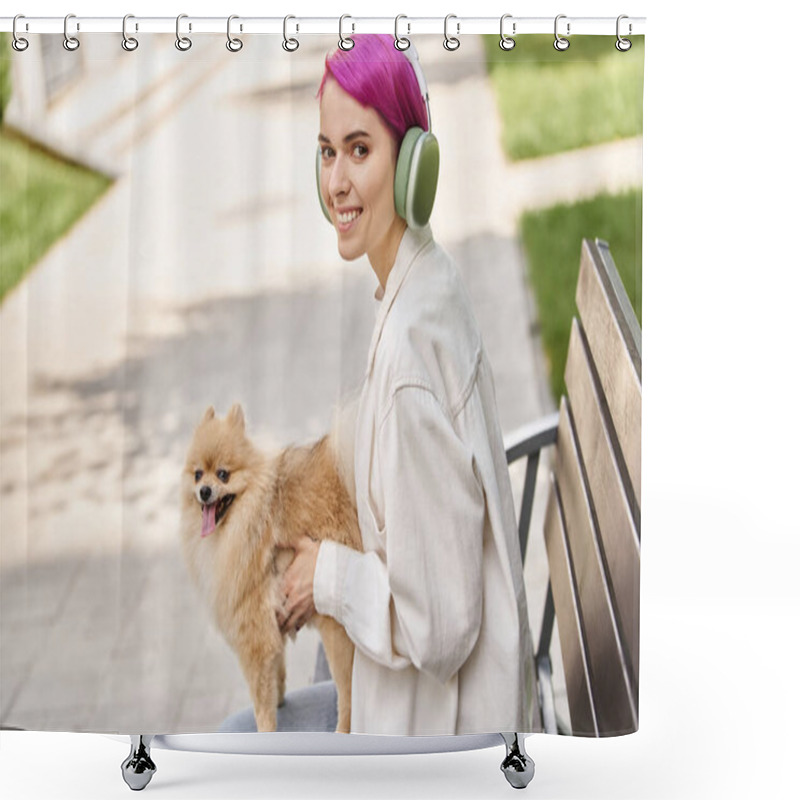 Personality  Delighted Woman With Purple Hair Sitting In Park With Dog And Listening Music In Headphones Shower Curtains