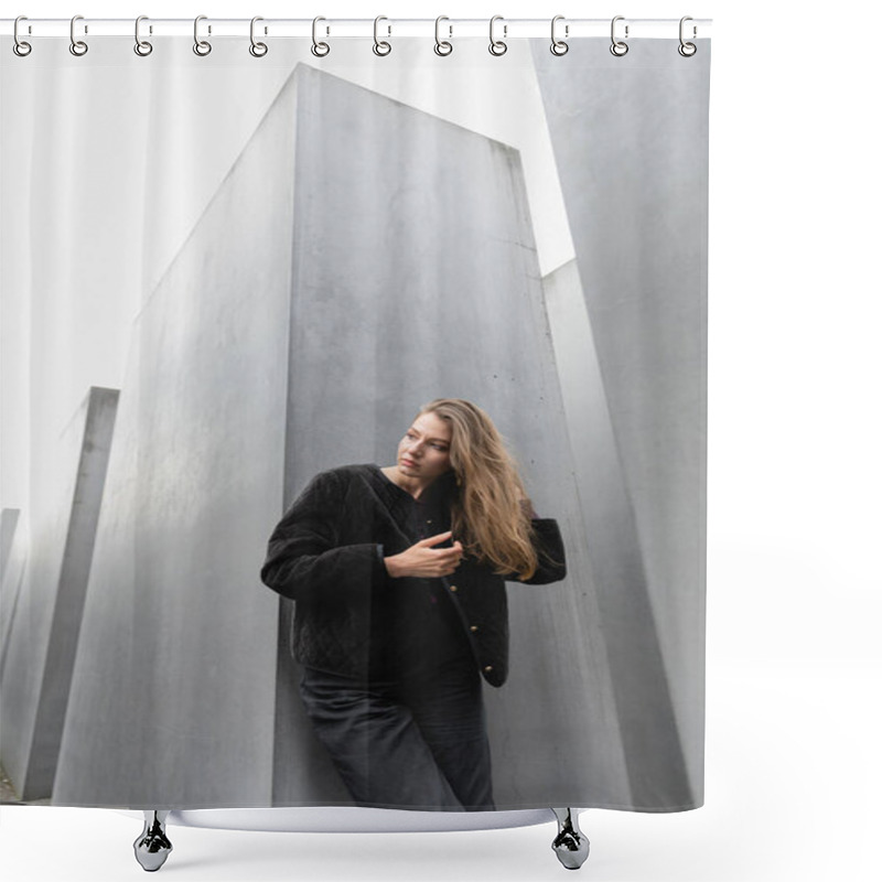 Personality  Fair Haired Woman Touching Hair And Looking Away Near Memorial To Murdered Jews Of Europe In Berlin Shower Curtains