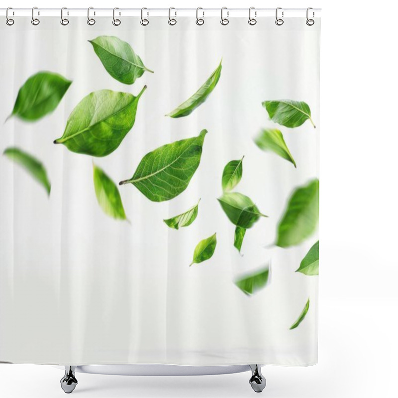 Personality  Vibrant Green Leaves Gracefully Floating Against A Soft White Background. Shower Curtains