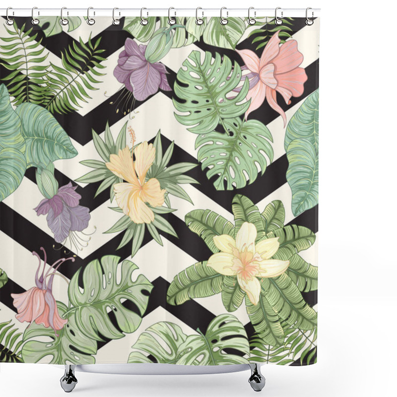 Personality  Seamless Tropical Palm Leaves And Flowers Pattern Shower Curtains