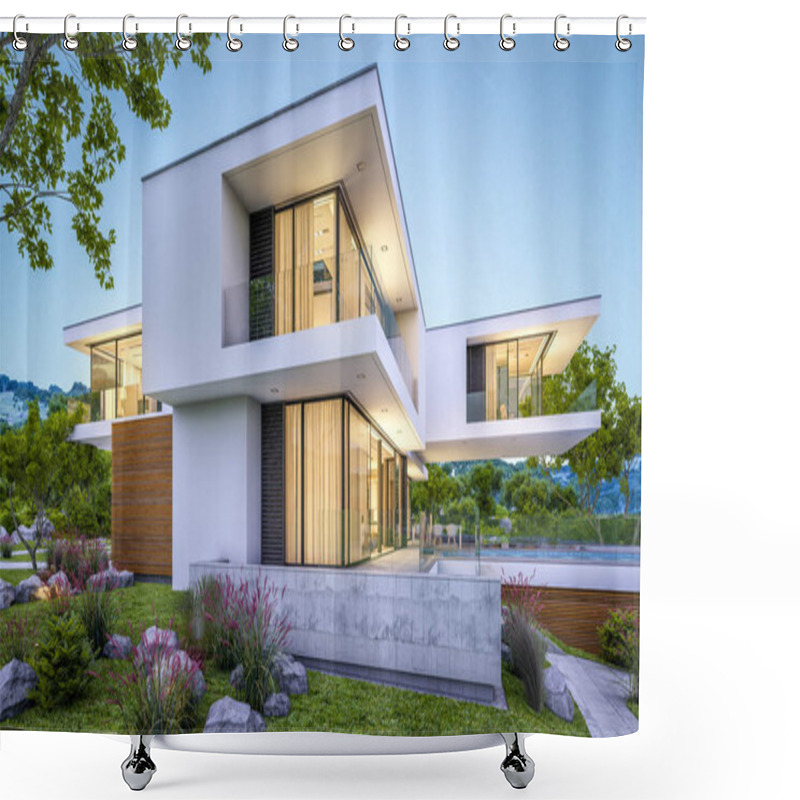 Personality  3d Rendering Of Modern Cozy House By The River With Garage For Sale Or Rent With Beautiful Mountains On Background. Clear Summer Evening With Blue Sky. Cozy Warm Light From Window. Shower Curtains