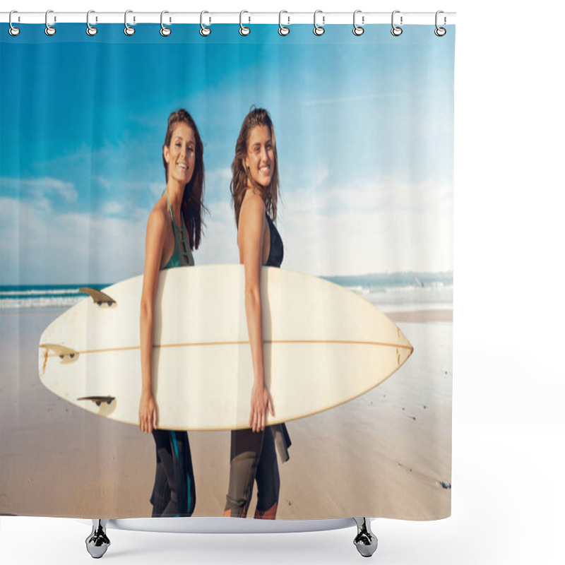 Personality  Beautiful Surfer Girl On The Beach With Her Surfboard And Smiling Shower Curtains