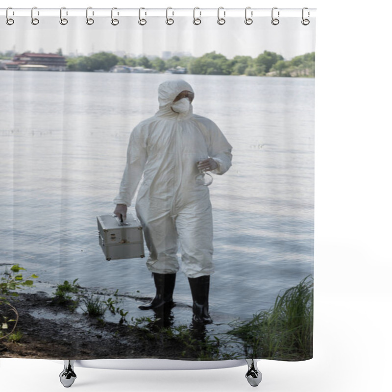 Personality  Full Length View Of Water Inspector In Protective Costume Holding Inspection Kit And Flask At River Shower Curtains