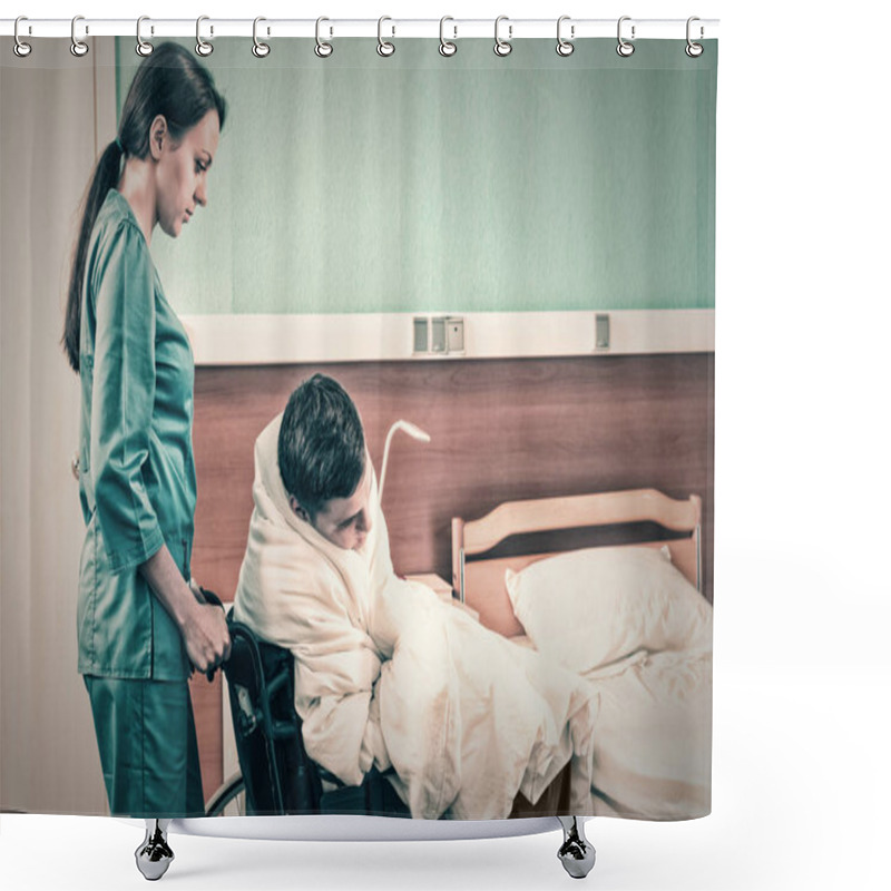 Personality  Attractive Young Nurse In Uniform Pulling Wheelchair With Ill Pa Shower Curtains