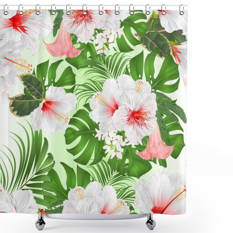 Personality  Seamless Texture Tropical Flowers  Floral Arrangement Beautiful Brugmansia   With  White Hibiscus  , Palm,philodendron And Brugmansia  Vintage Vector Illustration  Editable Hand Draw  Shower Curtains