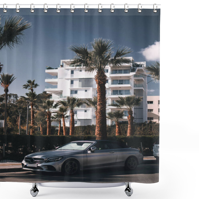 Personality  A Modern Stylish Sport Car In Front Of The Palm Trees In Sunny Day In Larnaca, Cyprus.  Shower Curtains