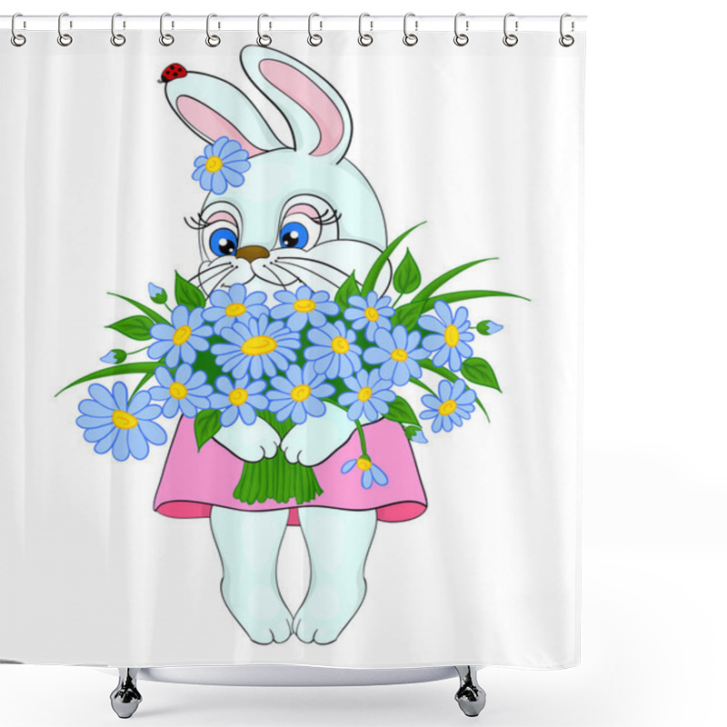 Personality  Cartoon Bunny With A Big Bouquet Of Flowers Daisies Shower Curtains