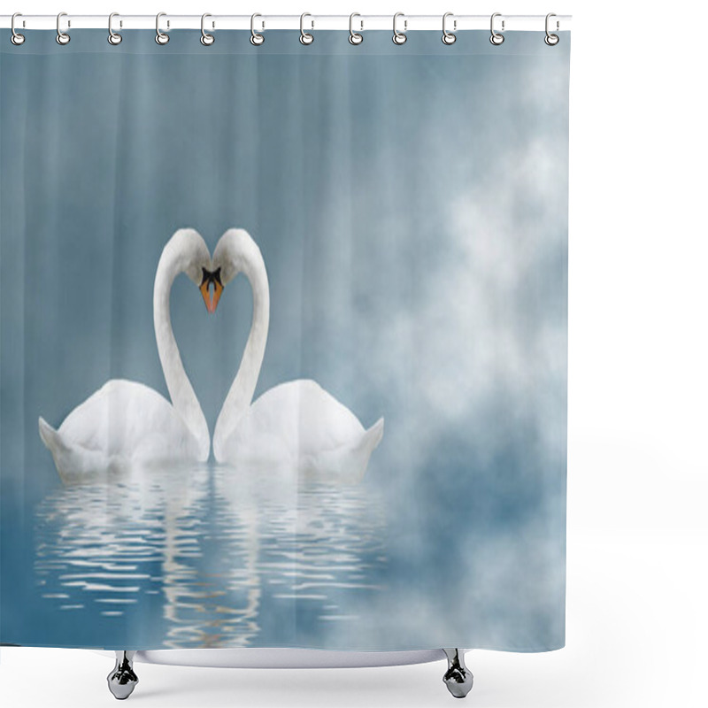 Personality  Happy Valentine's Day With Two Swans On A Blue Haze Background Shower Curtains