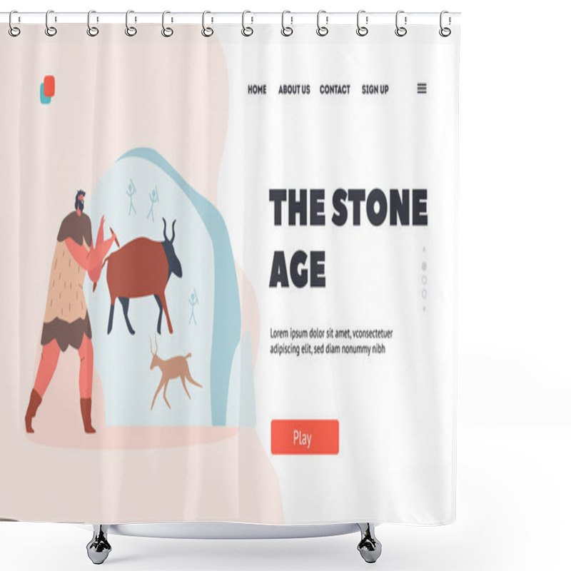 Personality  Stone Age Landing Page Template. Caveman Character Painting Animals On Wall. Ancient Period Of Human Civilization Shower Curtains